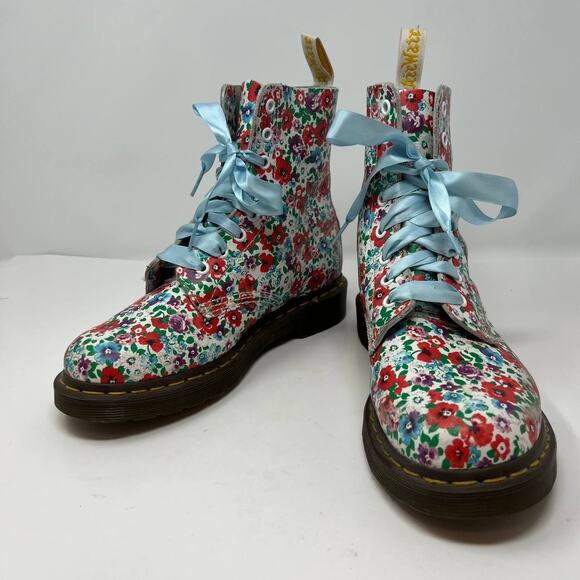 Dr. Marten Boots Women's Size 8 Blue Pascal Floral Print Ribbon Laces Combat - Picture 4 of 16